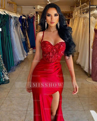 Beautiful Long Red Spaghetti Straps Sequined Lace Sleeveless Prom Dress With Slit