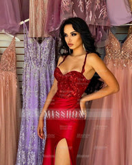 Beautiful Long Red Spaghetti Straps Sequined Lace Sleeveless Prom Dress With Slit