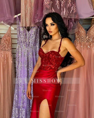 Beautiful Long Red Spaghetti Straps Sequined Lace Sleeveless Prom Dress With Slit