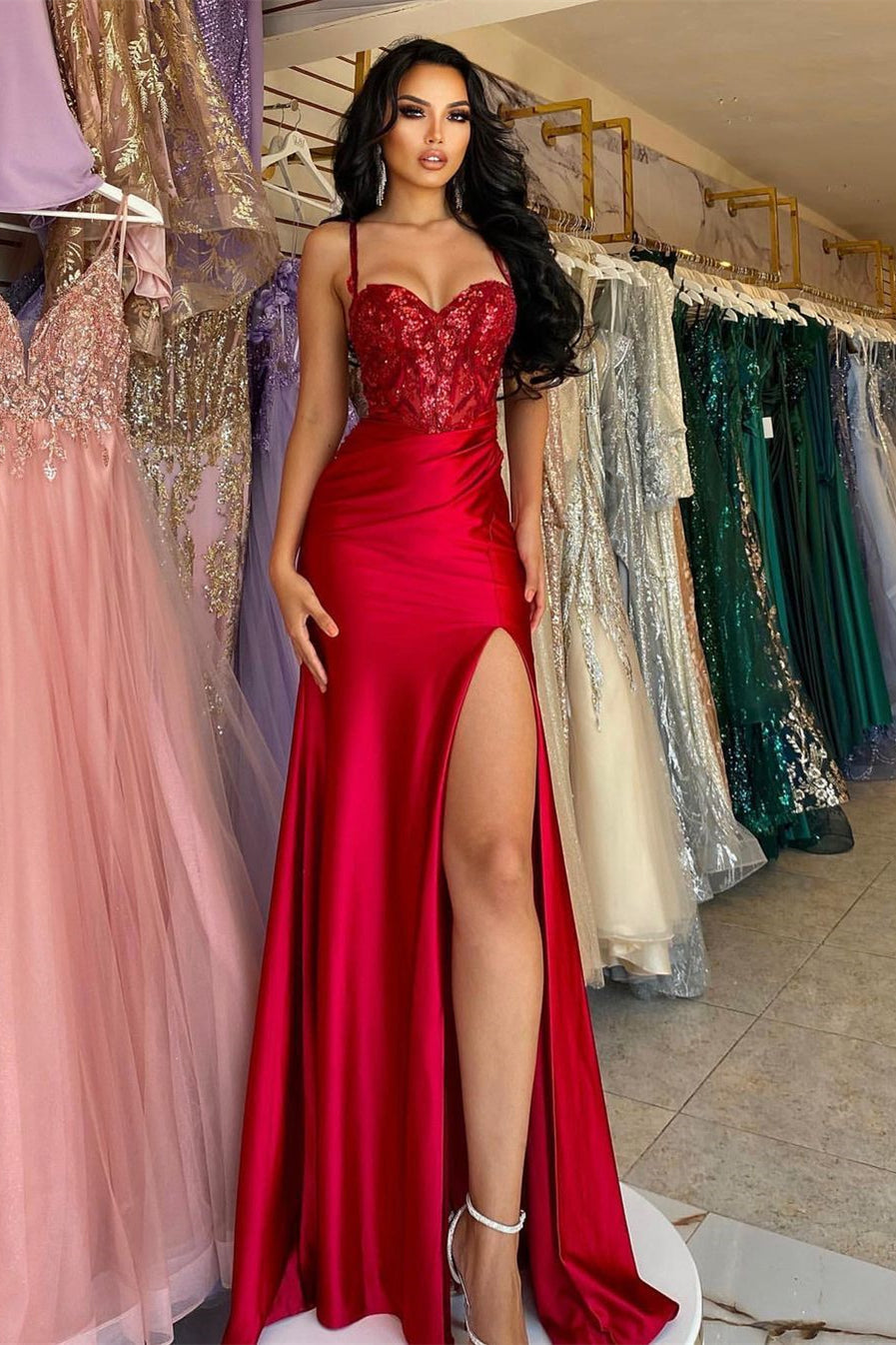 Beautiful Long Red Spaghetti Straps Sequined Lace Sleeveless Prom Dress With Slit