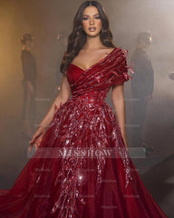 Beautiful Long Red Sweetheart A-line Prom Dress With Feather