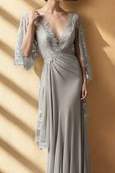 Beautiful Long Silver V-neck Mother of Bride Satin Bridesmaid Dress With Lace