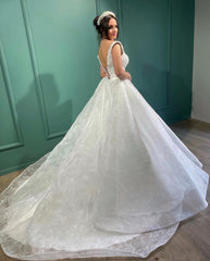 Beautiful Long White A-line V-neck Lace Sleeveless Wedding Dress
