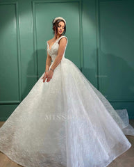 Beautiful Long White A-line V-neck Lace Sleeveless Wedding Dress