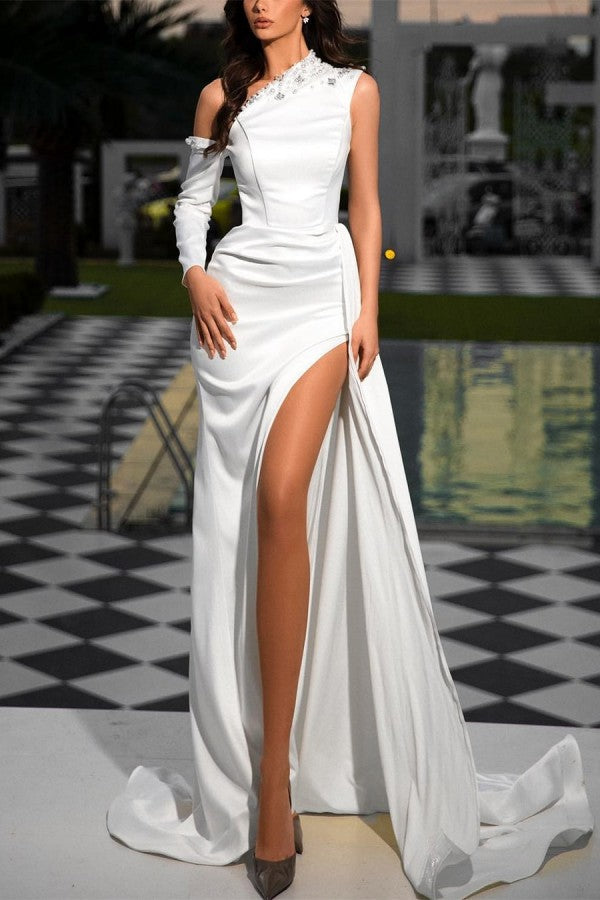 Beautiful Long White One Shoulder Sequined Evening Dresses With Slit misshow