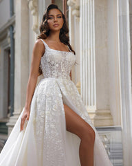 Beautiful Long White Straps A-line Sleeveless Lace Wedding Dress With Slit
