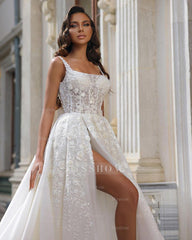 Beautiful Long White Straps A-line Sleeveless Lace Wedding Dress With Slit