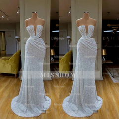 Beautiful Long White V-neck Sleeveless Sequined Mermaid Prom Dress