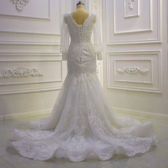 Beautiful Mermaid Long Sleeves Lace Appliques Wedding Dress With Train