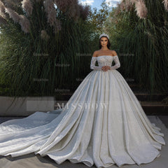 Beautiful Off-the-shoulder A-line White Lace Beading Wedding Dress With Long Sleeves