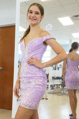 Beautiful Off-the-shoulder Lilac V-neck Homecoming Dress With Lace