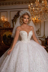 Beautiful Off-the-shoulder Sweetheart Sleeveless Ball Gown Wedding Dress With Glitter