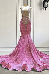 Beautiful Pink Sequined Sleeveless Straps Floor Length Beading Mermaid Prom Dress