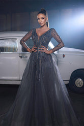 Beautiful Sequined V-neck A-line Sleeveless Prom Dress With Long Sleeves