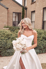 Beautiful Simple White A-line Wedding Dress With Side Slit