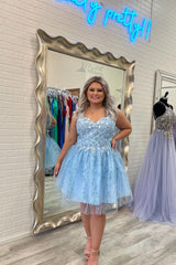 Beautiful Sky Blue A-line Appliques Short Homecoming Dress