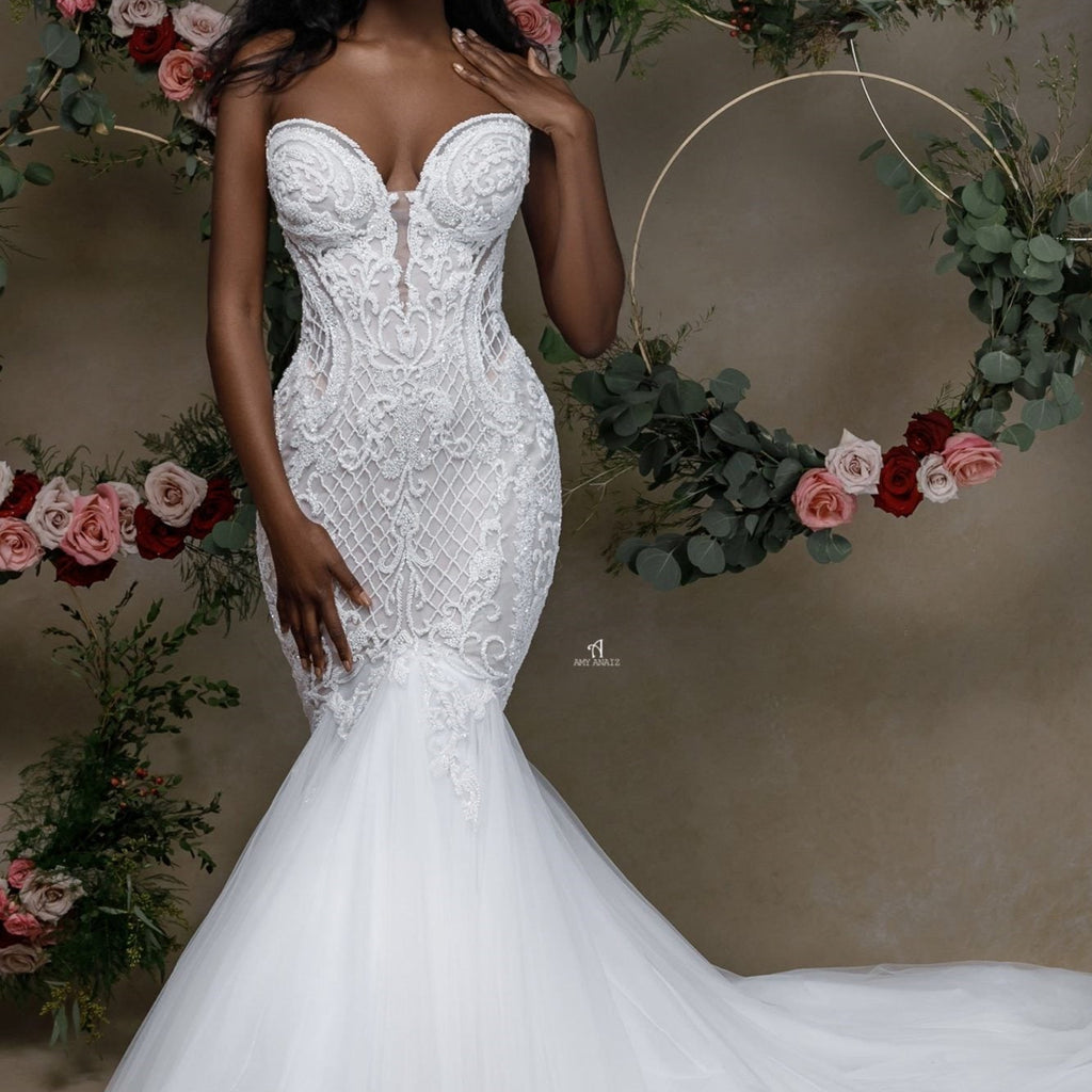 Mermaid Sweetheart Long Lace Bridal Dresses, Strapless Mermaid Lace Wedding Dress UQ2285