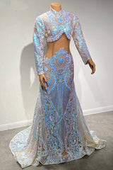 Beautiful Two Piece High-neck Long Sleeve Floor-length A-Line Prom Dresses