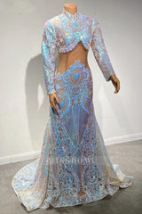Beautiful Two Piece High-neck Long Sleeve Floor-length A-Line Prom Dresses