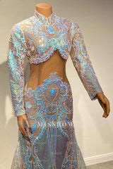 Beautiful Two Piece High-neck Long Sleeve Floor-length A-Line Prom Dresses