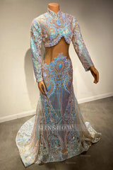 Beautiful Two Piece High-neck Long Sleeve Floor-length A-Line Prom Dresses