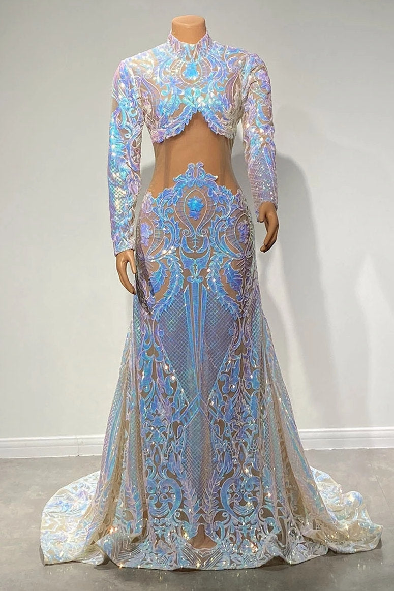 Beautiful Two Piece High-neck Long Sleeve Floor-length A-Line Prom Dresses
