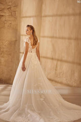 Beautiful V-neck Long A-line Lace Tulle Sleeveless Wedding Dresses