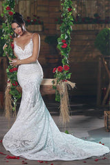 Beautiful V-Neck Mermaid Wedding Dress Long Stunning Lace Ope Back Tulle Straps Bridal Wears