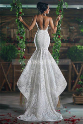 Beautiful V-Neck Mermaid Wedding Dress Long Stunning Lace Ope Back Tulle Straps Bridal Wears