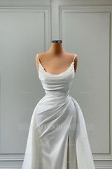 Beautiful White Long A-line Spaghetti Straps Wedding Dresses With Beads