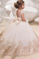 Beige Scoop Neck Sleeveless Ball Gown Flower Girls Dress