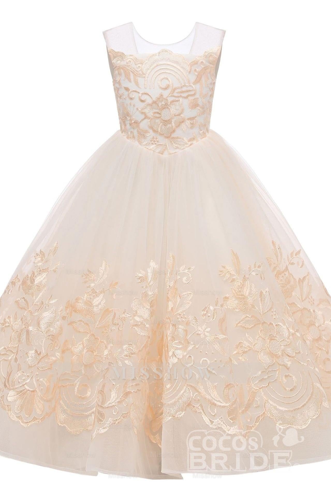 Beige Scoop Neck Sleeveless Ball Gown Flower Girls Dress