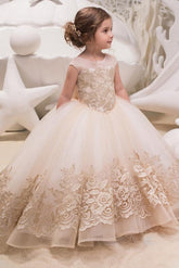 Beige Scoop Neck Sleeveless Ball Gown Flower Girls Dress