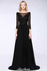 Black 3/4 Sleeves Beads A-Line Appliques Bridesmaid Dresses Tulle Party Dress