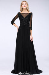Black 3/4 Sleeves Beads A-Line Appliques Bridesmaid Dresses Tulle Party Dress