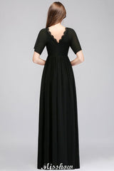 Black Chiffon A-line Bridesmaid Dress V-Neck Floor Length