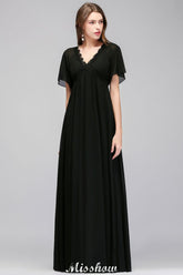 Black Chiffon A-line Bridesmaid Dress V-Neck Floor Length