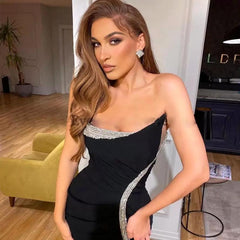 Black Elegant Strapless Sleeveless High Split Sequined Mermaid Evening Dresses