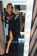 Black Floral Lace Long Sleeves Evening Maxi Dress