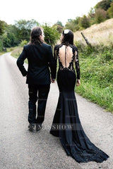 Black Long Sleeves Mermaid Wedding Dress with Sweep Train