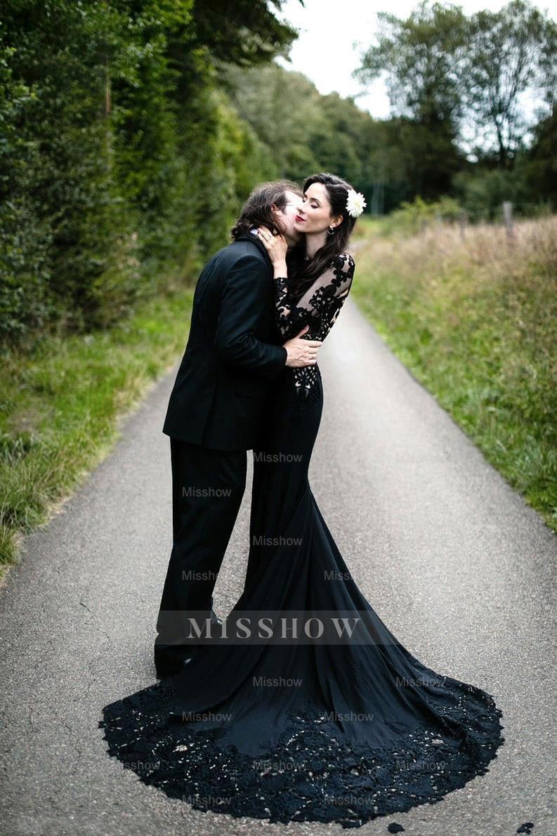 Black Long Sleeves Mermaid Wedding Dress with Sweep Train