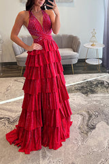 Black Sparkly A Line Beaded Long Corset Prom Dress with Slit