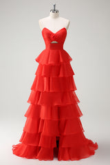 Black Sweetheart Chiffon A-Line Tiered Long Prom Dress with Slit