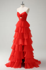 Black Sweetheart Chiffon A-Line Tiered Long Prom Dress with Slit