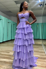 Black Sweetheart Chiffon A-Line Tiered Long Prom Dress with Slit