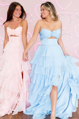 Black Sweetheart Chiffon A-Line Tiered Long Prom Dress with Slit