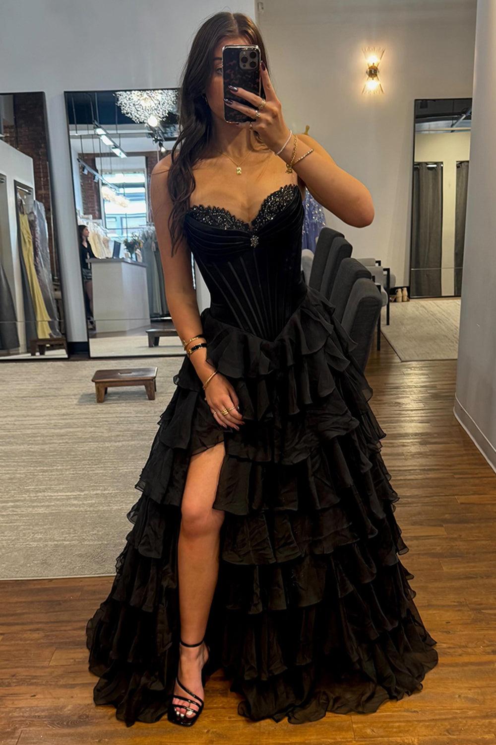 Black Sweetheart Princess Ruffled Long Corset Prom Dress with Beading