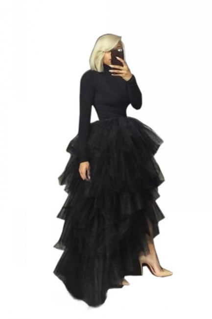 Black Women Tulle Skirt Casual Ballet Princess Skirt Long Maxi Tutu Skirt