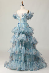 Blue Floral Print Off the Shoulder Princess Organza Long Prom Dress with Ruffles