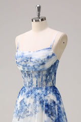 Blue Floral Printed Chiffon Spaghetti Straps A-Line Long Corset Prom Dress with Slit